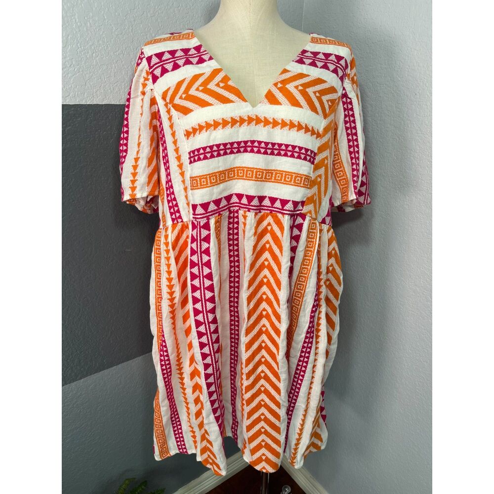 Old Navy Jacquard Mini Swing Dress Large Pink Orange Geometric Aztec Boho Folk - Picture 11 of 14